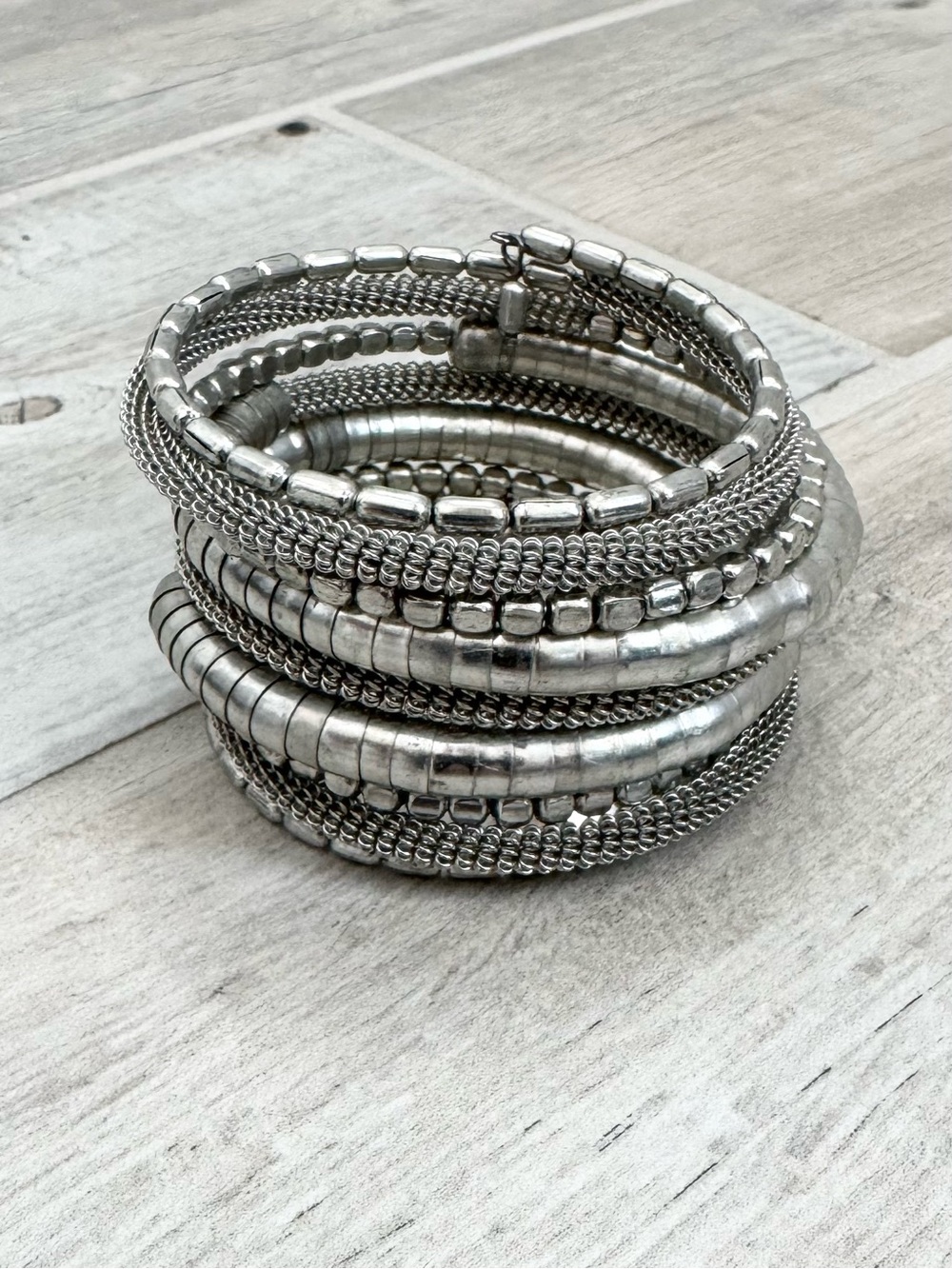 Boho Silver Beaded Spiral Bracelet